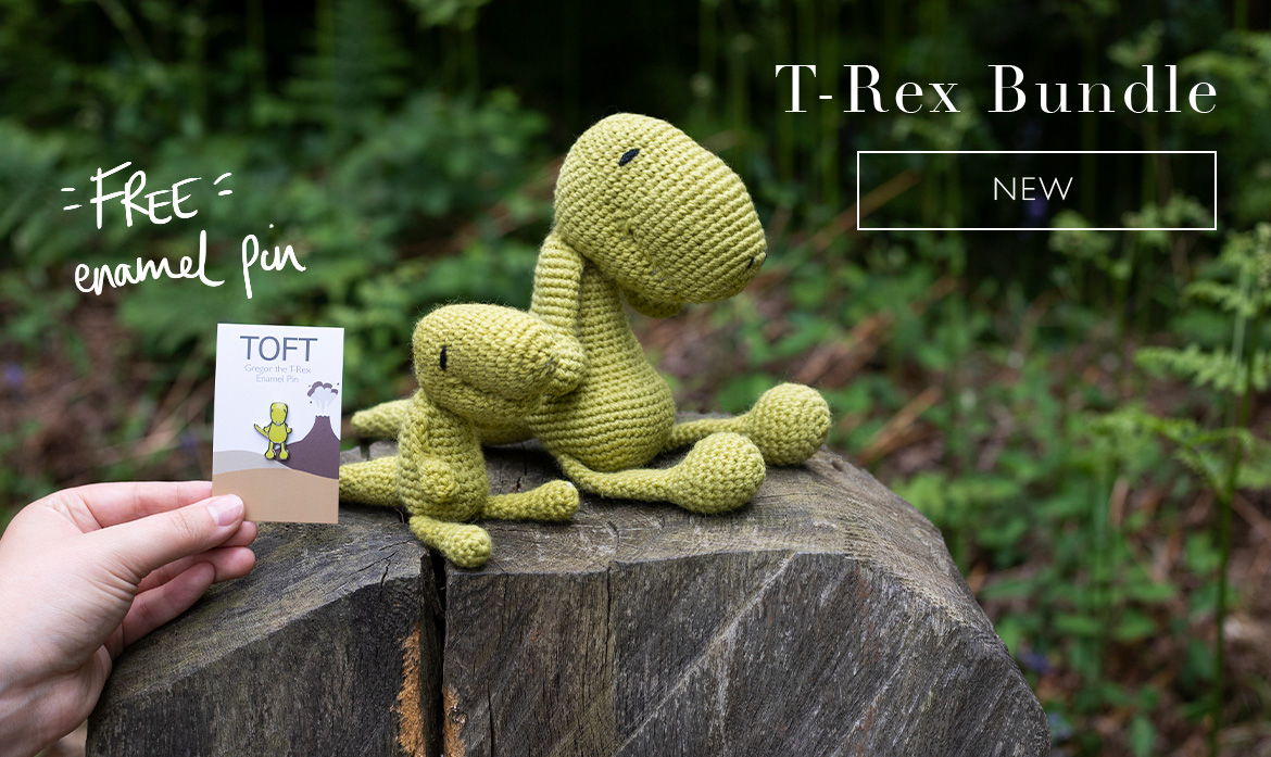 Dinosaurs t rex pin badge shop crochet kits toft